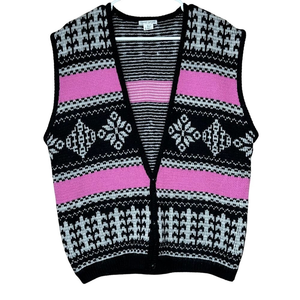 Vintage Esprit Sport Pink Black Fair Isle Wool Blend Sweater Vest Womens Small